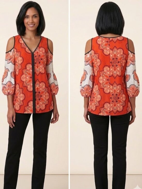 Chico's Tops - Chico’s Cold Shoulder Ruffle Bell Sleeve Blouse Size 0 Orange Mandala Paisley